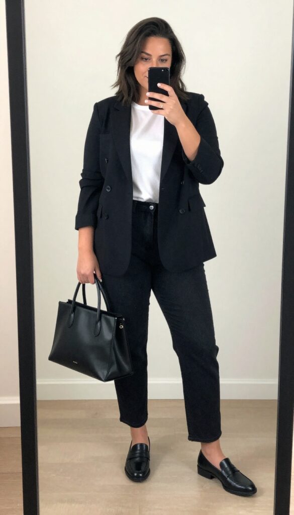 Plus-size woman in a black blazer and straight-leg jeans taking a mirror selfie, showcasing a chic and polished outfit.