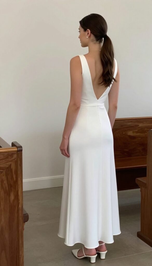 Adult woman in white illusion-back wedding dress with low back necklace, viewed from behind in a chapel.