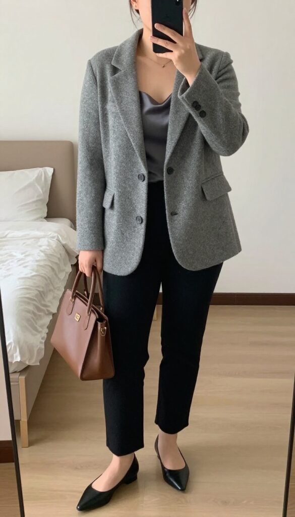 Woman in gray knit blazer, silk camisole, and black cigarette pants, standing in mirror selfie pose, partially covering face with phone.