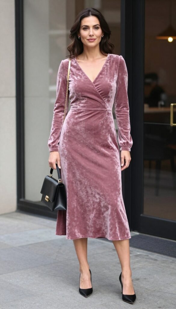 Woman in amethyst velvet midi dress with black pointed-toe pumps and gold chain bag, evening city setting