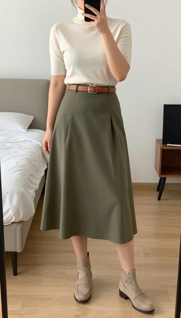 Woman in olive midi skirt and cream turtleneck with loafers, leather belt, professional yet approachable fall outfit.