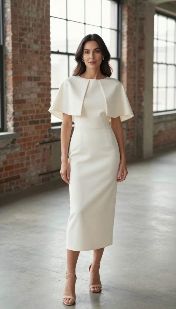 Woman in ivory crepe column wedding dress with cape, standing in bright modern loft with exposed brick and large windows, natural lighting, soft smile, hands gently touching cape.