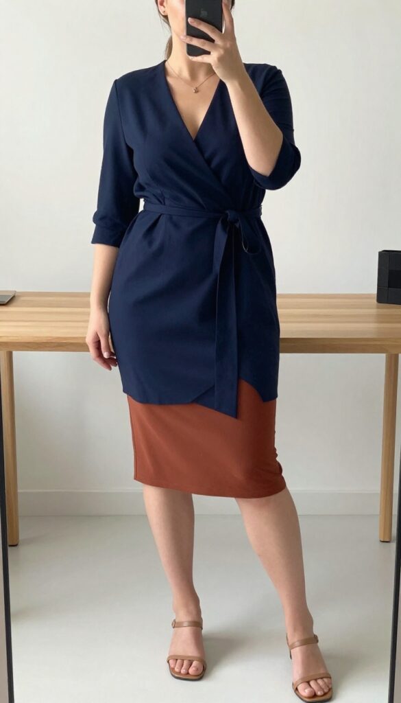 A woman in a solid neutral wrap dress and a lightweight blazer, posing in a mirror selfie, with strappy sandals visible.