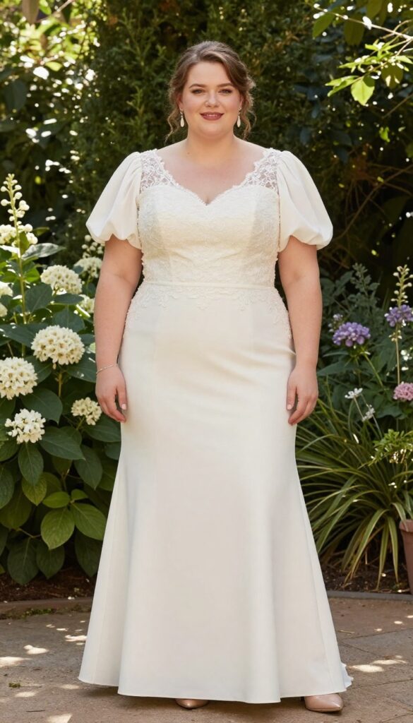 Plus-size bride in ivory wedding dress with short puff sleeves, fitted bodice, and A-line skirt, standing in a sunlit garden with blooming flowers.
