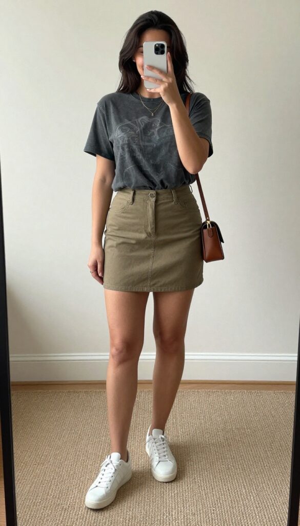 A woman in a vintage graphic tee tucked into a high-waisted A-line skirt, with sneakers and a small shoulder bag, taking a mirror selfie in bright natural light.