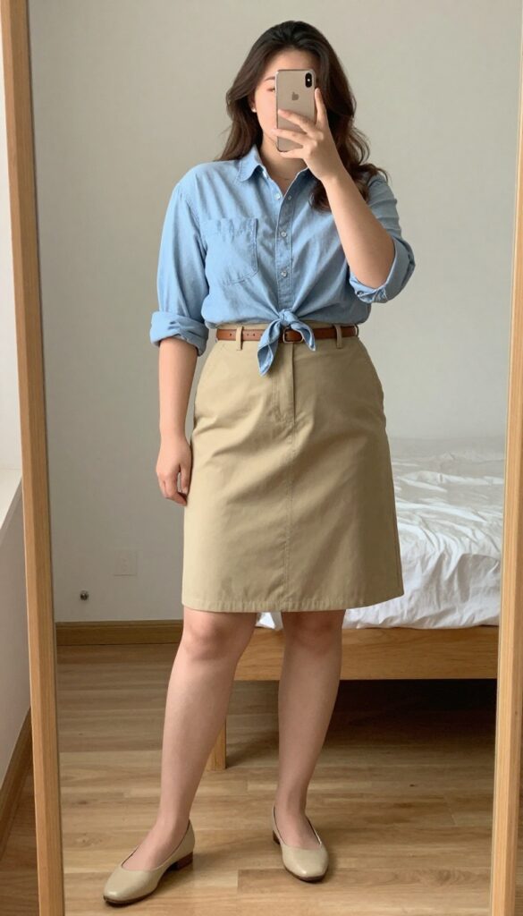 Petite woman in knotted chambray shirt and khaki A-line skirt, mirror selfie, phone partially covering face, bedroom setting.