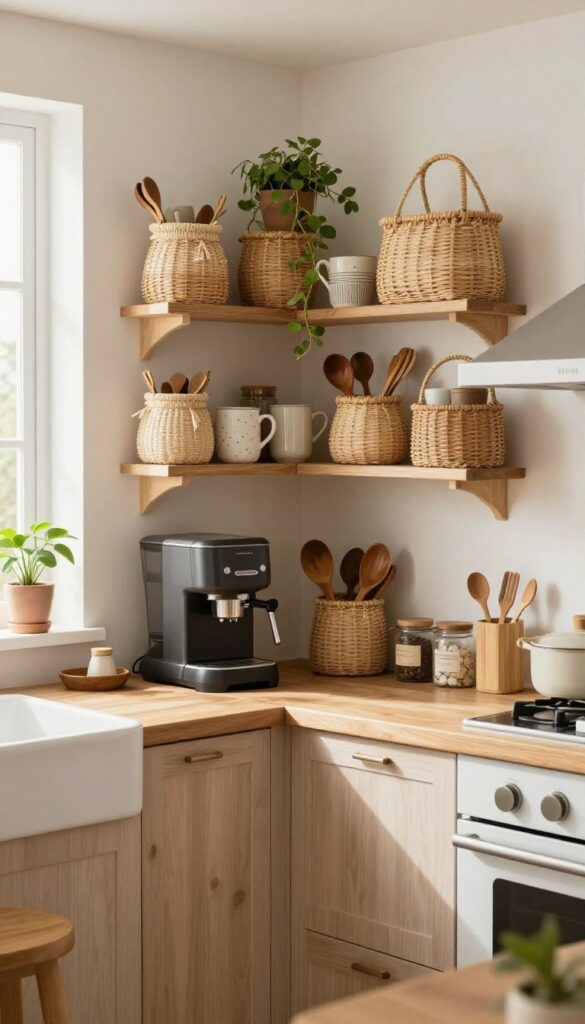 A cozy kitchen coffee station with a wall organizer made of woven baskets in natural tones, holding mugs and utensils, with a coffee maker on a wooden counter.