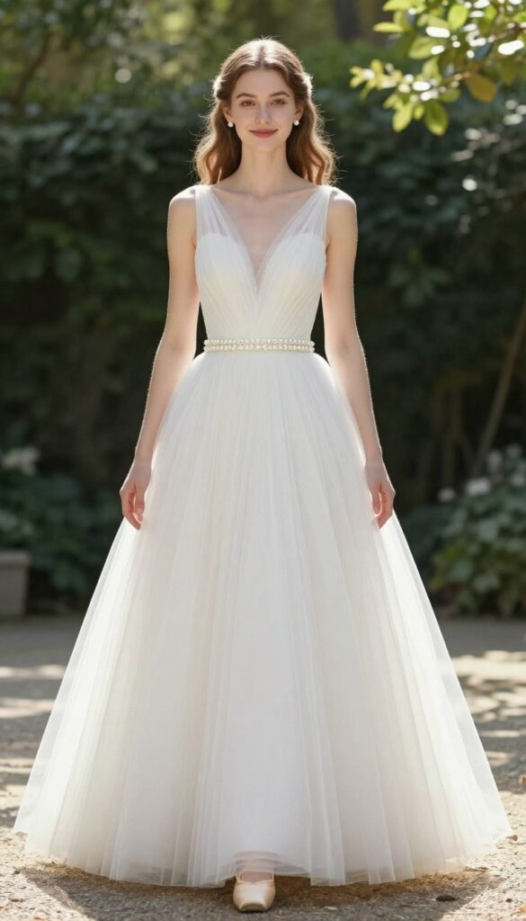 Bride in white tulle ball gown with pearl belt, pearl stud earrings, veil, and ballet flats in garden
