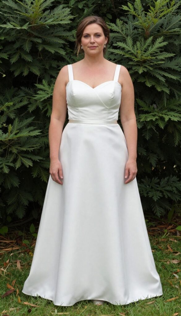 Curvy bride in fit-and-flare satin wedding gown with structured sweetheart bodice, thin belt, drop earrings, low bun, standing in garden