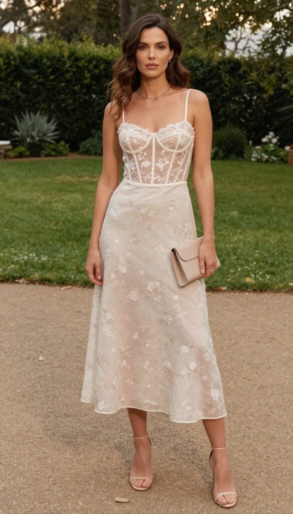 Woman in sheer corset over floral slip dress, nude heels, garden golden hour