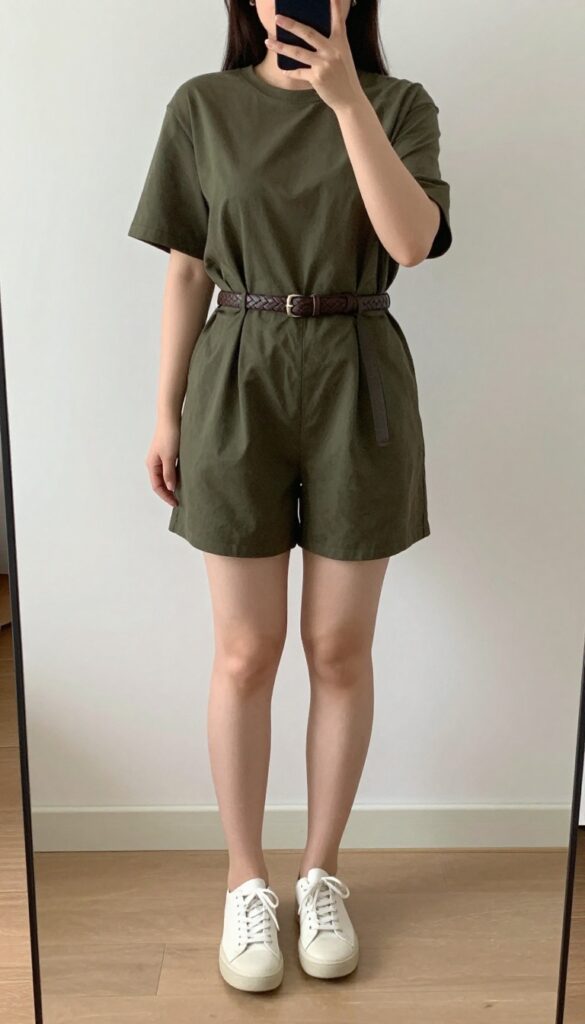 A woman in a belted olive jumpsuit and white low-profile sneakers, standing in a bright office setting.