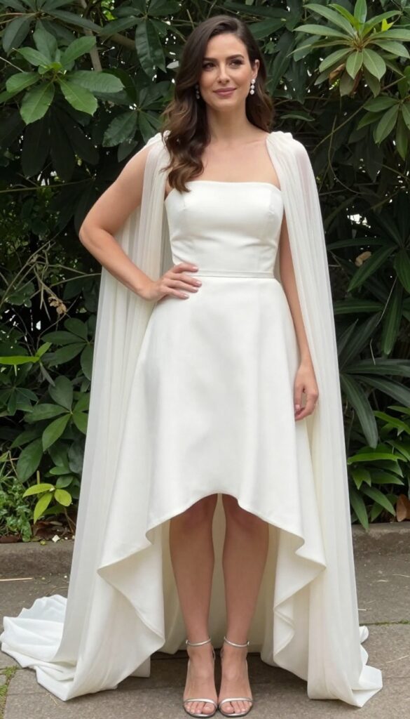 Bride in strapless white wedding dress with high-low tulle cape, silver heels, minimal accessories, outdoor garden setting, candid pose.