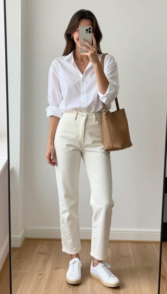 Woman in white button-down shirt and rolled straight-leg jeans taking a mirror selfie, showing a casual yet polished outfit.
