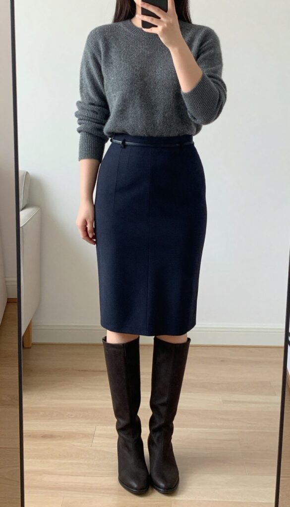 Woman in cashmere sweater tucked into pleated midi skirt with knee-high boots, soft feminine silhouette, neutral tones.