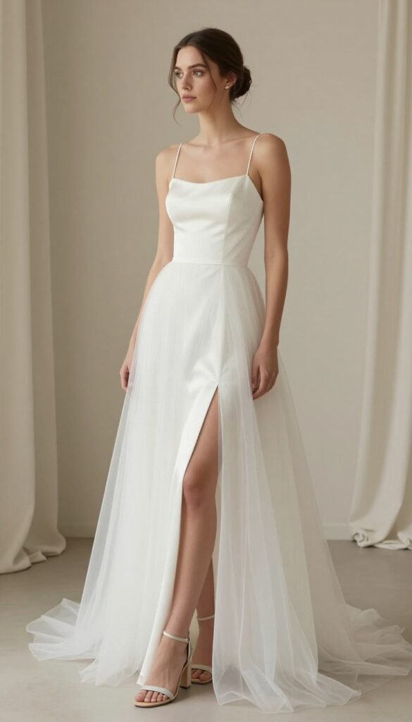 Bride in white ballgown with detachable tulle train in neutral ballroom