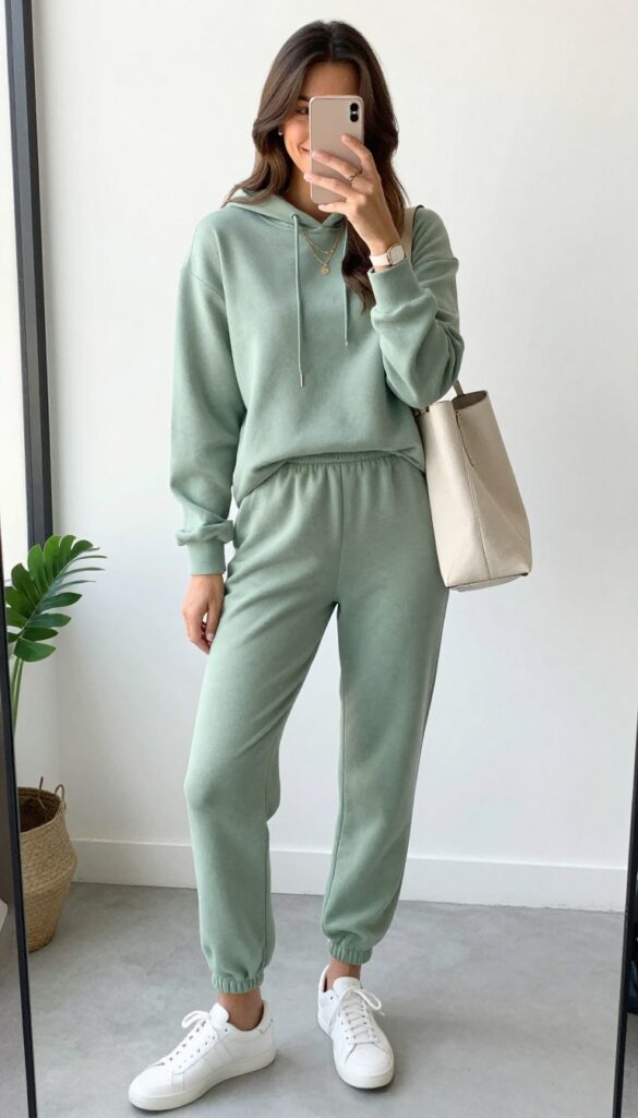 Woman in a sage green matching hoodie and sweatpants set, white sneakers, and a structured tote, taking a mirror selfie in a bright room.