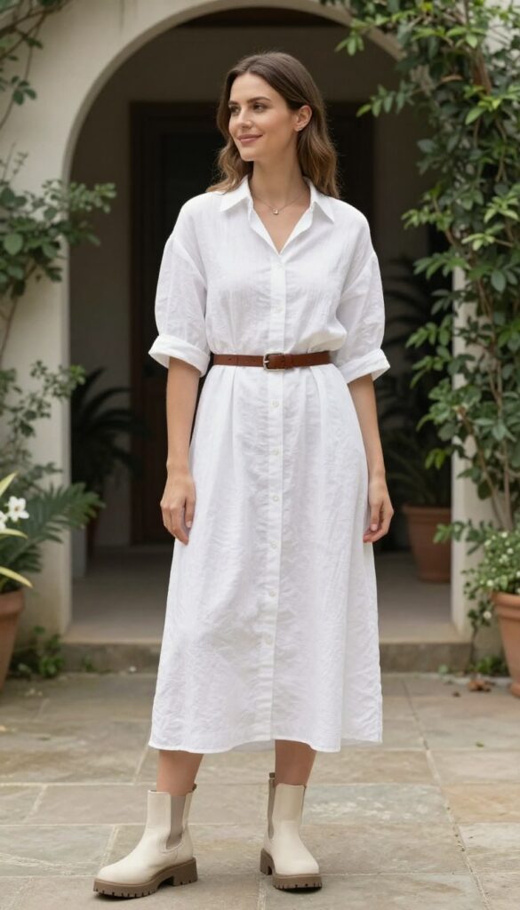 A woman in a white linen shirt dress with a brown belt and chunky cream lug sole boots standing in a sunny backyard wedding setting with an arch and greenery.