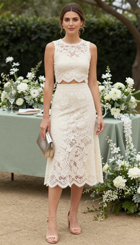 Mother of the bride in ivory lace two-piece set with midi skirt, nude sandals, and metallic clutch in a garden setting.
