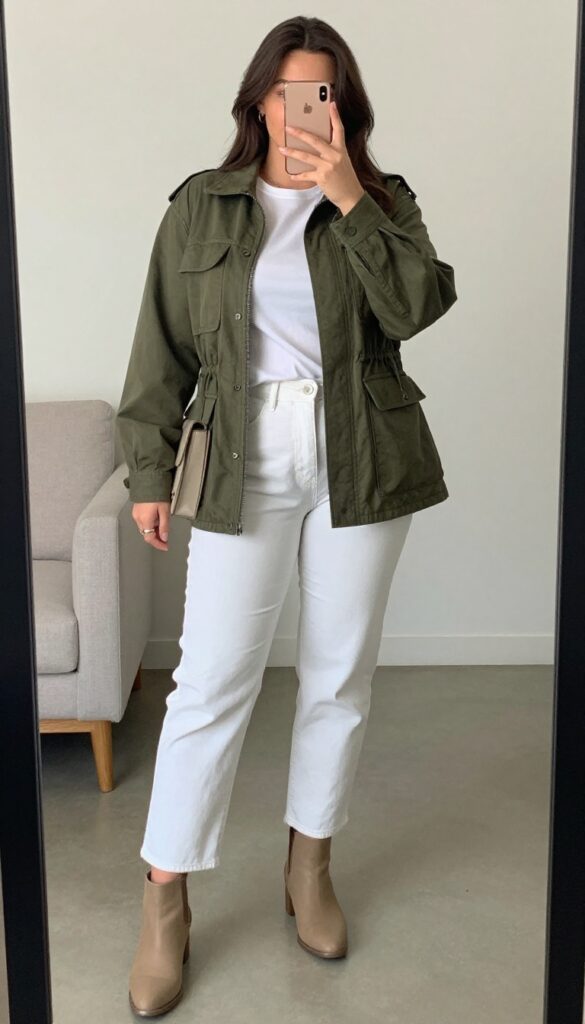 Petite woman in olive utility jacket, white tee, cropped white jeans, and tan ankle boots, holding a neutral crossbody bag, standing in a bright urban setting.