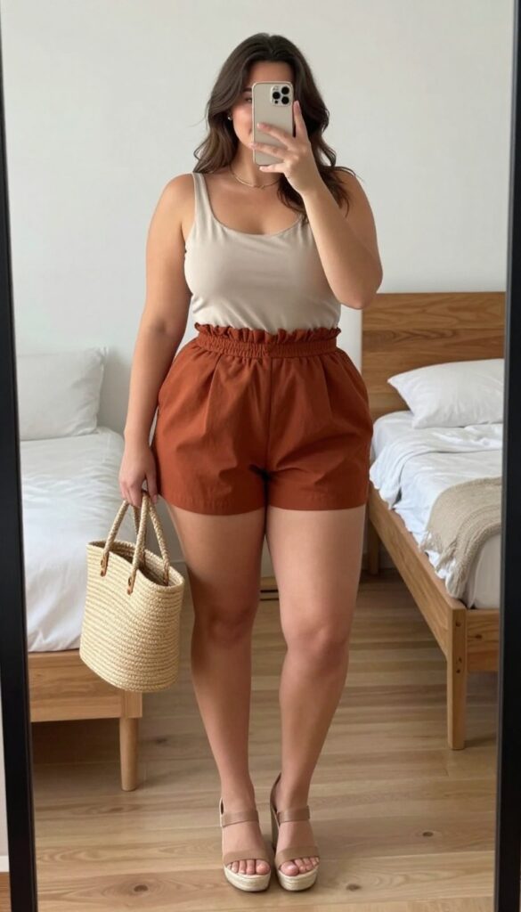 Woman in paperbag waist shorts and wrap top taking mirror selfie