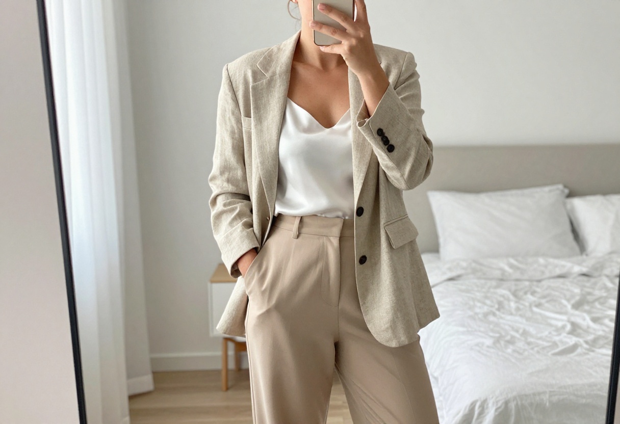 Woman in beige linen blazer and wide-leg trousers taking a mirror selfie in a bright bedroom