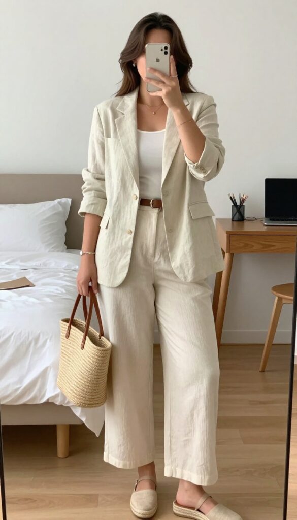 A woman in a soft pink linen blazer and cream cropped wide-leg pants poses in a mirror selfie, holding a phone, with espadrilles and a straw tote nearby.