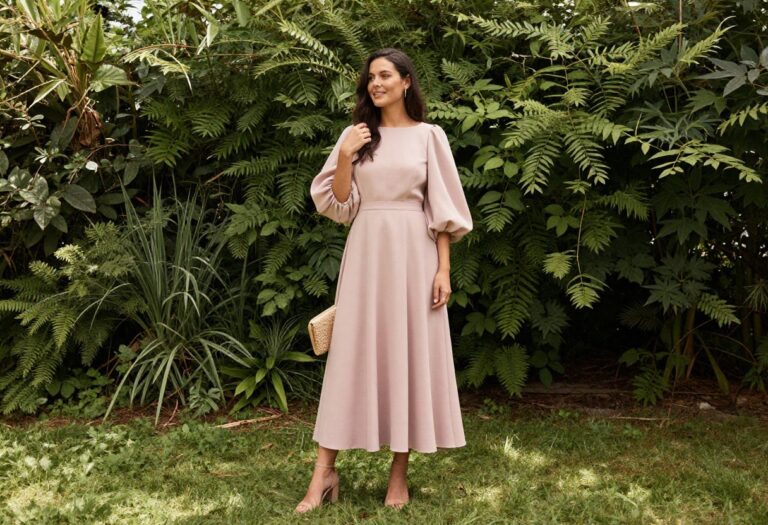 Woman in blush pink wedding dress with lavender bishop sleeves standing in garden