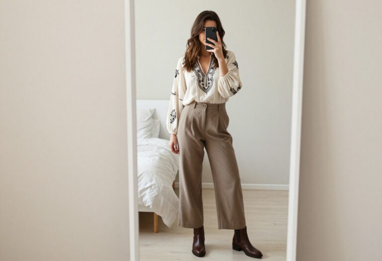 Woman in boho business casual outfit taking a mirror selfie in bedroom