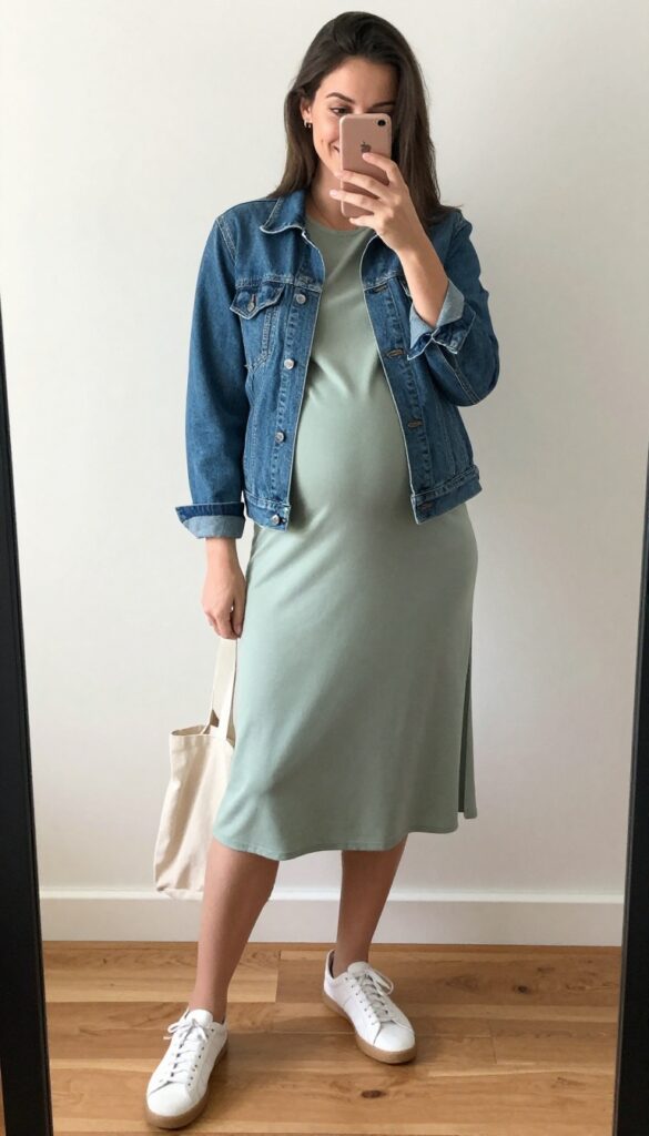 A pregnant woman in a sage green maternity midi dress and a denim jacket, posing in a mirror selfie with white sneakers and a tote bag.