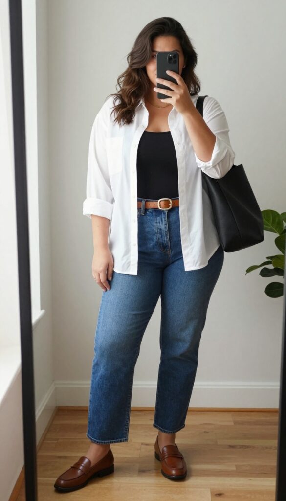 Plus-size woman in loose white button-down shirt and straight-leg jeans, taking a mirror selfie in a bright room.