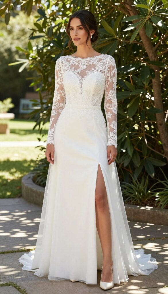 Bride in white lace-sleeve wedding dress with illusion back, standing in sunlit garden.