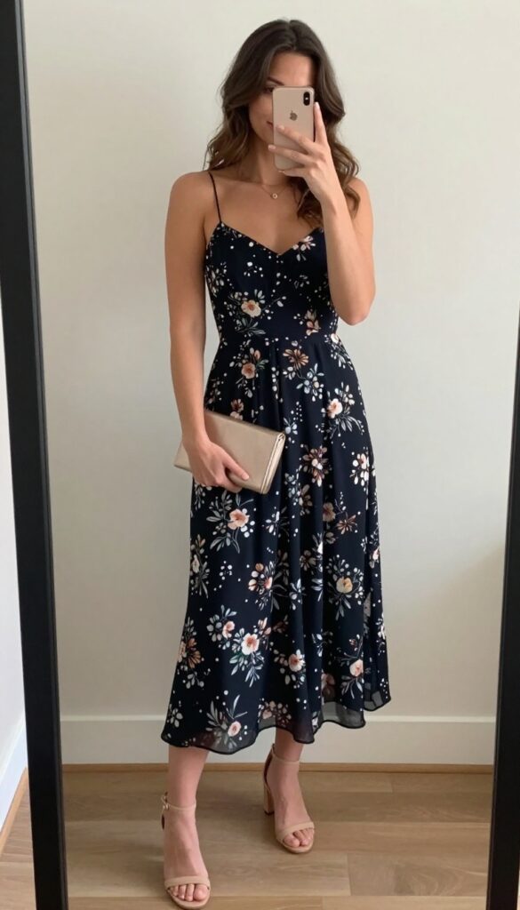 Young woman in floral maxi dress and strappy heels standing in lush garden, smiling at camera.