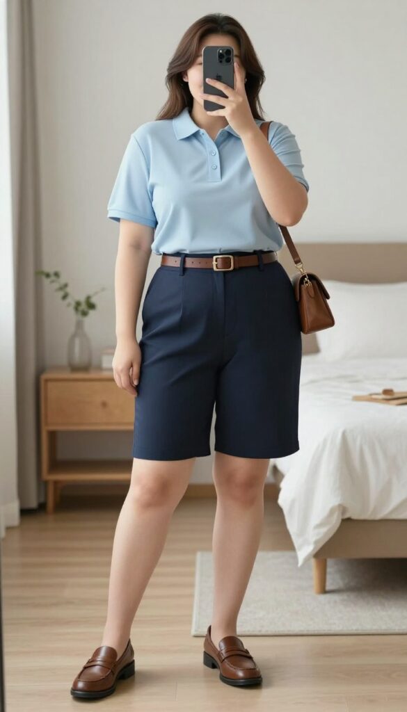 Woman in tucked polo shirt and tailored Bermuda shorts with loafers and belt bag, business casual travel outfit