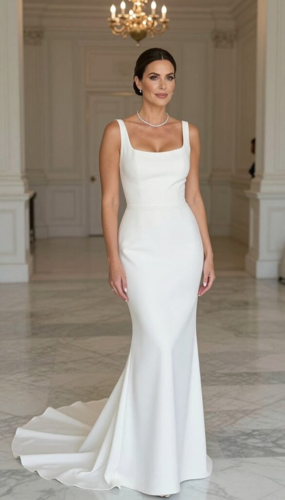 Curvy bride in white column gown with dramatic train, standing in grand ballroom