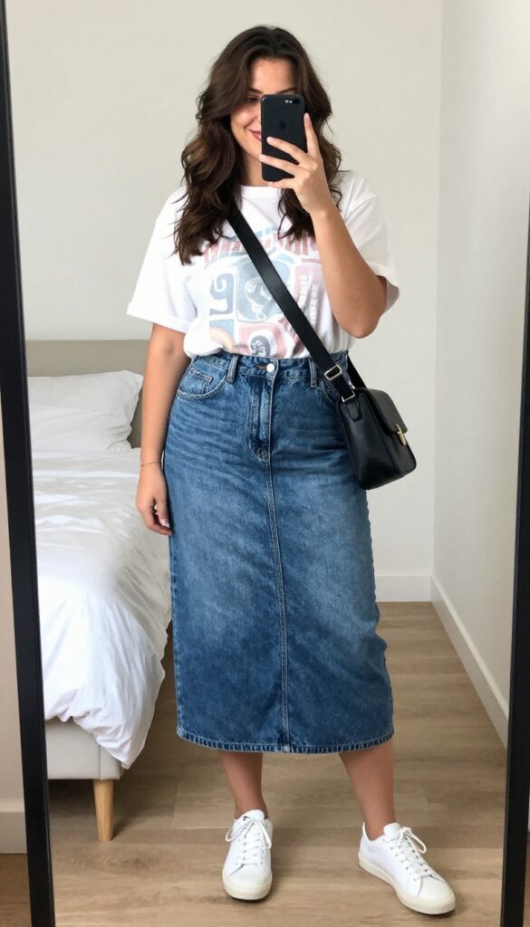 Plus-size woman in denim skirt and graphic tee taking a mirror selfie, wearing white sneakers and crossbody bag.