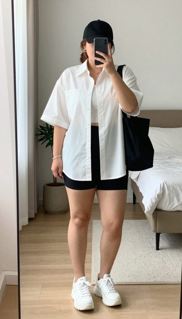 Plus-size woman in oversized white button-down shirt and black biker shorts, taking a mirror selfie with chunky sneakers, baseball cap, and tote bag. Casual streetwear outfit in bright natural light.