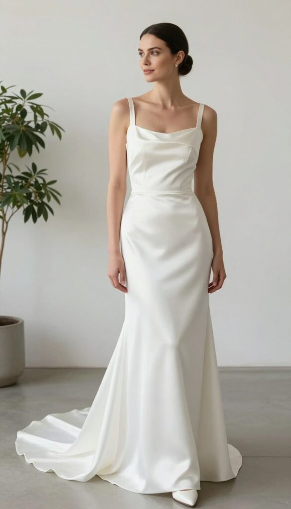 Bride in sculptural silk satin A-line wedding dress with detachable train, standing in bright modern loft with natural light, minimal jewelry, low bun, pointed-toe heels, elegant minimalist setting with greenery.