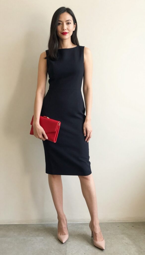 Woman in black dress with red clutch and red lip at evening wedding
