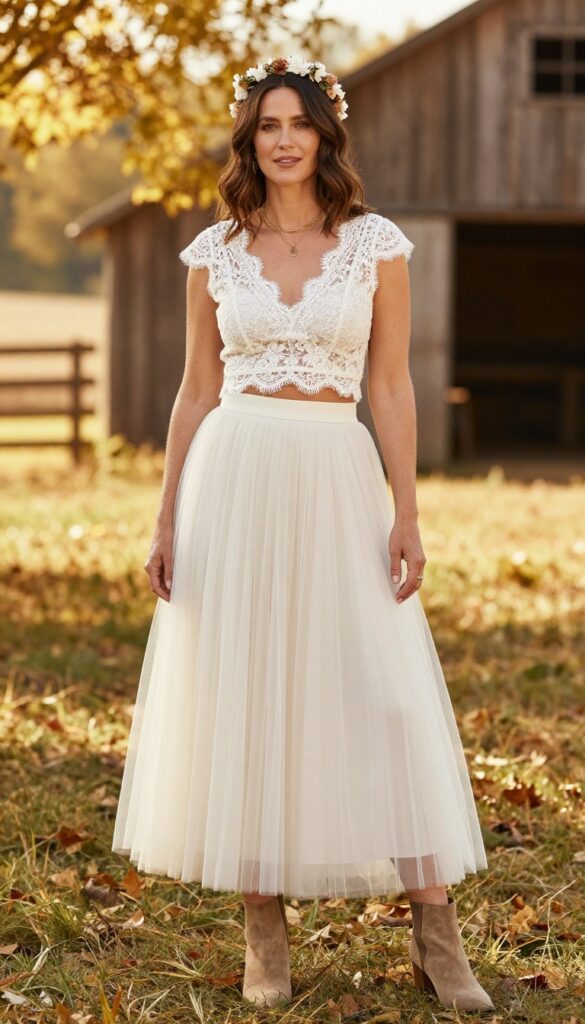 Adult woman with long wavy brown hair wearing white lace crop top and high-waisted ivory tulle skirt, standing in sunlit autumn field with golden leaves, flower crown, gold jewelry, rustic barn background.