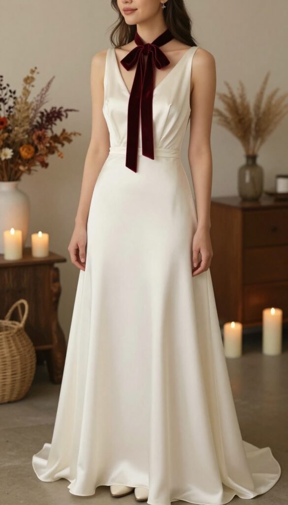 Woman in low back satin wedding dress with velvet ribbon choker