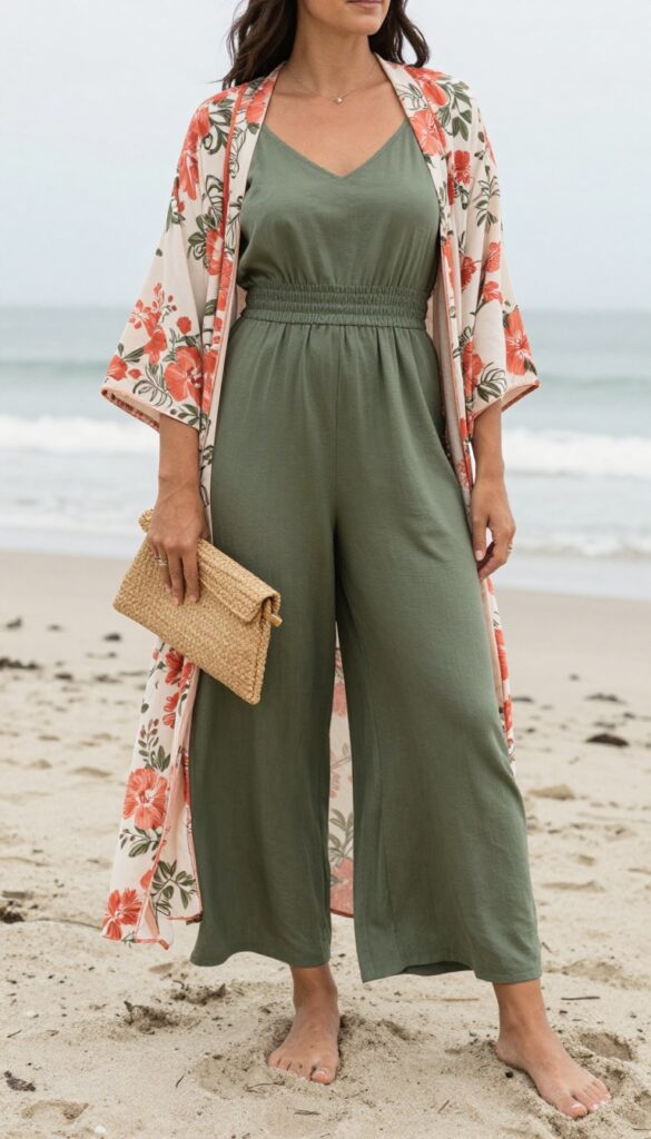 Woman in olive green jumpsuit and floral kimono on beach