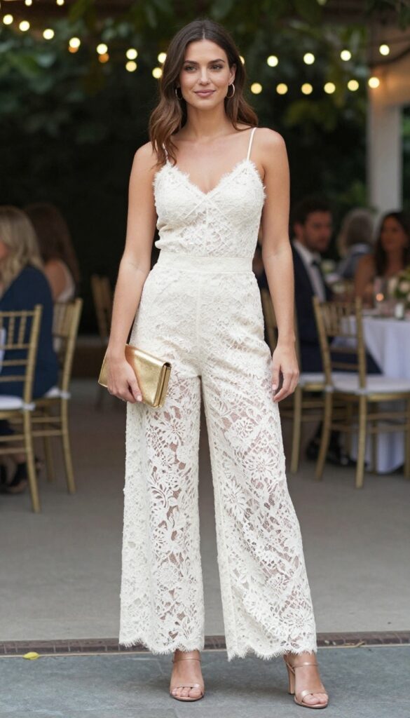 Woman in ivory lace jumpsuit with gold hoops at outdoor evening wedding