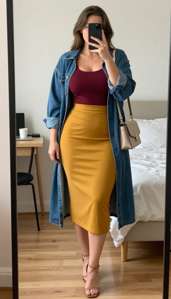 A woman in a black ribbed tank tucked into a teal midi A-line skirt, wearing a denim jacket and strappy sandals, holding a clutch, standing in a bright office or outdoor setting.