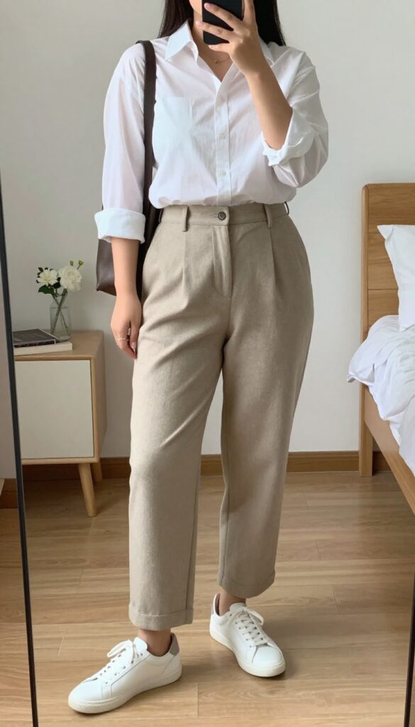Woman in cropped trousers, button-down, and white sneakers, holding a backpack, standing in a bright travel or office setting.