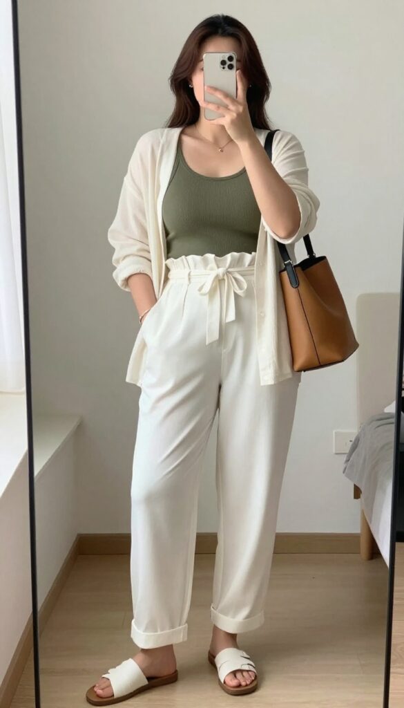 Woman in white paperbag waist pants and olive ribbed tank, standing in a mirror selfie, holding phone partially covering face, bedroom setting.