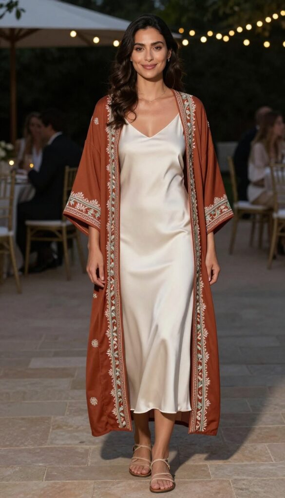 Woman in ivory slip dress and colorful embroidered kimono at outdoor evening garden party