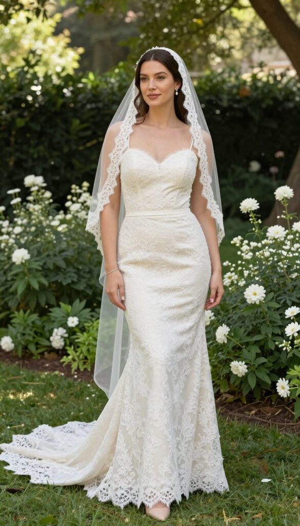 Young woman in lace fit-and-flare wedding dress and fingertip veil in sunlit garden