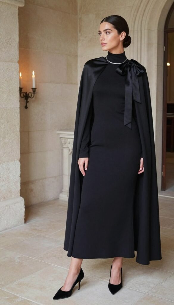 High-neck long-sleeve black dress with cape bow in a historic chapel
