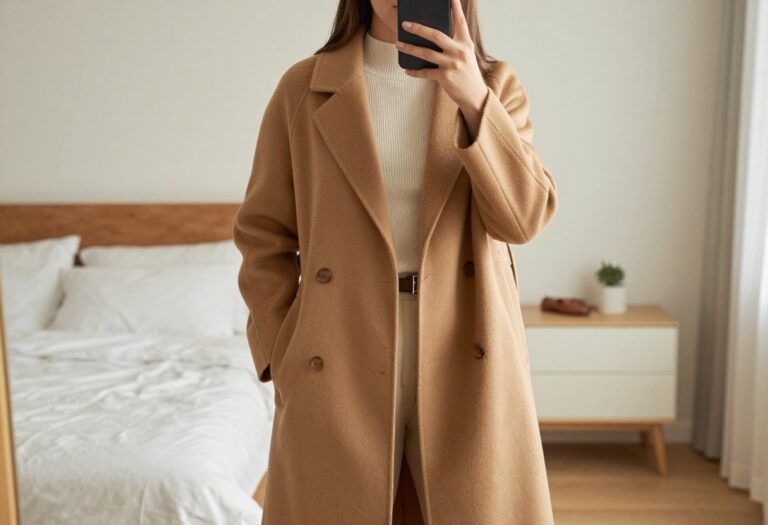 Woman in camel coat and cream knit taking a mirror selfie, showcasing a street business casual outfit with texture.