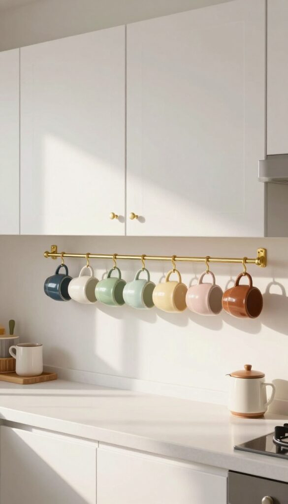 Under-cabinet hooks holding a row of colorful mugs in a bright, cozy kitchen